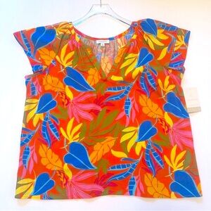 Calligraphie Floral Blouse Top Shirt Short Sleeve V-Neck Linen Women's 2X NEW